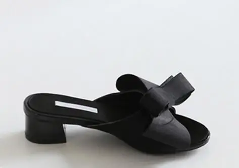 3.5cm Heels Black Летняя шелковая обувь с бантом; женские сандалии с большим бантом; шлепанцы на низком Плоском Каблуке; женские Вьетнамки с бантом; сандалии с квадратным носком; шлепанцы без задника - Цвет: 3.5cm Heels Black