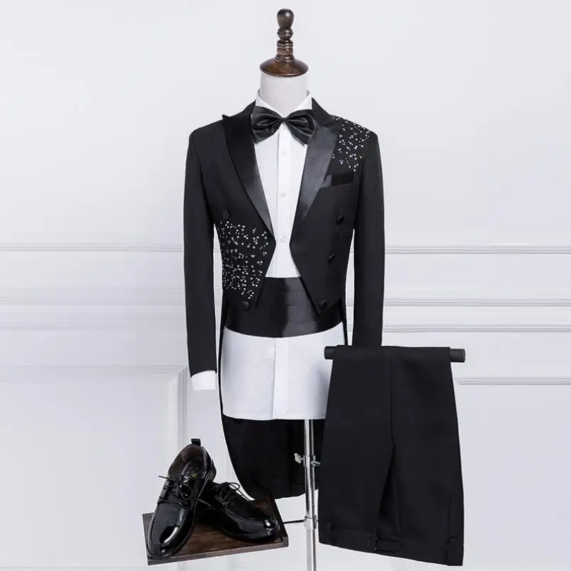 

Men's Fashion Korean tuxedo Slim Blazers suits Men stage chorus costume Host performing Black Bright diamond dress (suit+pants)