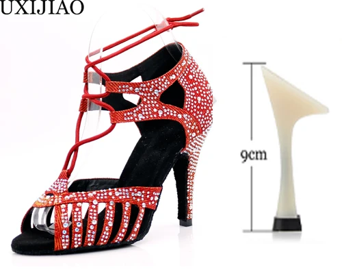 Red heel 9cm Wuxijiaonew красный и золотистый; Flash ткань Сальса Обувь для танцев мягкая подошва Латинской кизомба Танго бальных Обувь для танцев на высоком каблуке 6/7. 5/8. 5/10 см - Цвет: Red heel 9cm