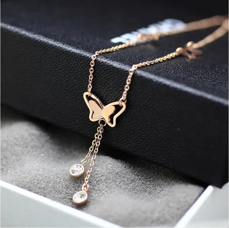 

YUN RUO Fashion Brand Rose Gold Anklet Zircon Butterfly Tassels for Woman Girl Gift 316 L Stainless Steel Jewelry Top Quality