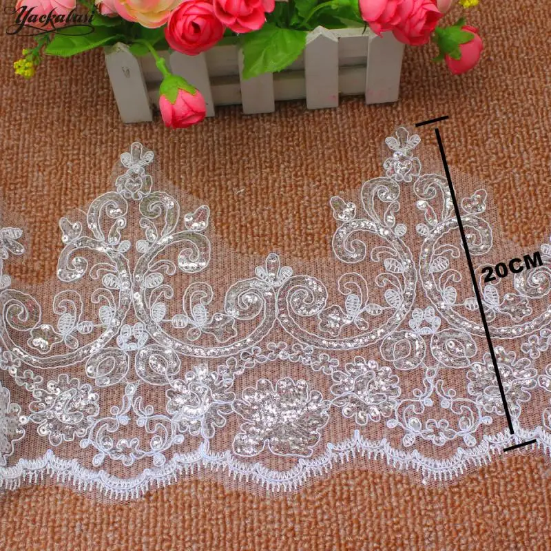 20CM Sequined Свадебная кружевная ткань, Свадебное кружево, аппликация, кайма, белая, 1 ярд, 3D цветок, расшитая блестками Ткань для шитья, кружевная отделка - Цвет: 20CM Sequined