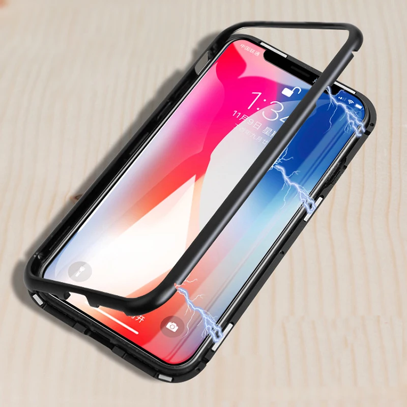 Магнитная поглощая металлический чехол для iPhone X 7/8/X Случае Deluxe закаленное стекло