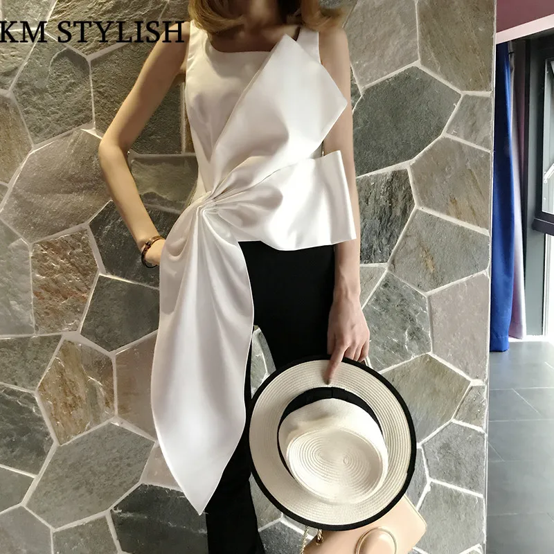 Блузка Женская атласная с асимметричным подолом модная рубашка со складками и