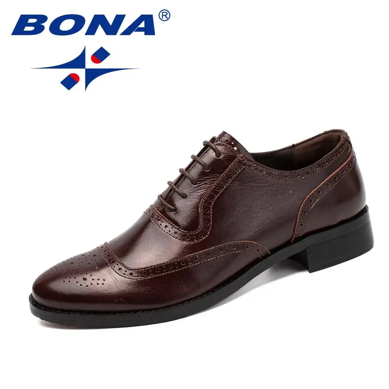 DARK BROWN BONA/Новинка; классические стильные мужские Формальные туфли; Мужские модельные туфли из натуральной кожи; Мужская офисная обувь на шнуровке; удобная быстрая - Цвет: DARK BROWN