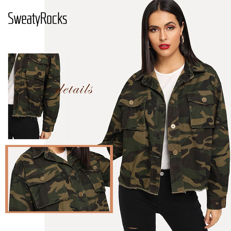SweatyRocks, камуфляжная джинсовая куртка с необработанными краями и карманами, уличная одежда, однобортные куртки, весенние женские пальто и куртки