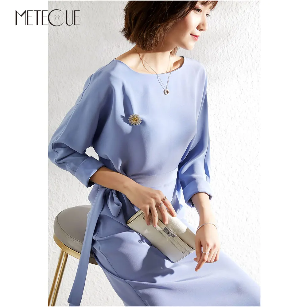 Офисная Леди Slash шеи миди платье с поясом 2019 весна лето мода седьмой рукав Миди