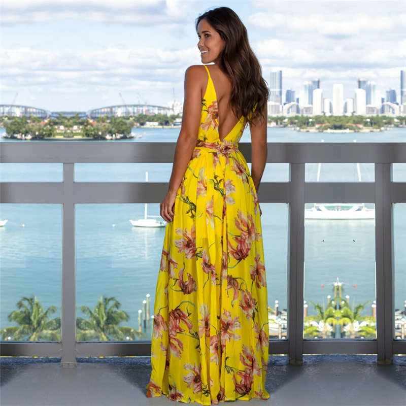 

Women Boho Long Maxi Dress Summer Sexy Strappy Deep V Neck Backless High Split Dress Women Elegant Party Dresses Floral Vestidos