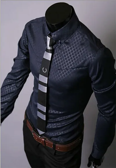 navy blue 3 Горячая Распродажа, новинка, высокое качество, мужские дизайнерские рубашки в полоску, повседневные облегающие длинные рубашки, 14 цветов, размер M-5XL - Цвет: navy blue 3