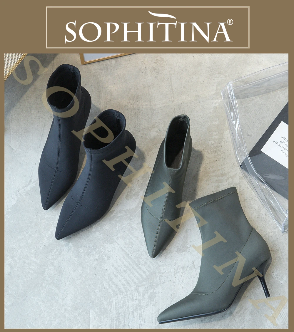 SOPHITINA Sexy Pointed Toe Boots Fashion High Quality Silk Thin Heels Solid Women's Shoes New Hot Sale Unique Ankle Boots MO238