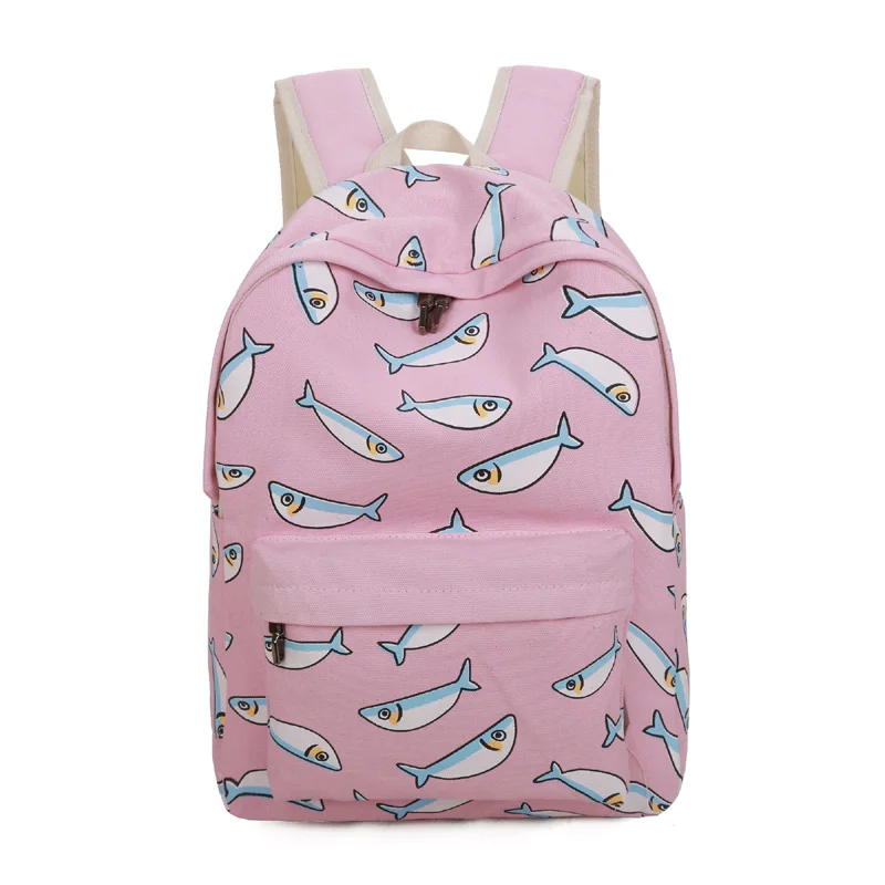 2017 дизайнер высокое качество холст Рюкзаки Для женщин мультфильм рыбы Рюкзак