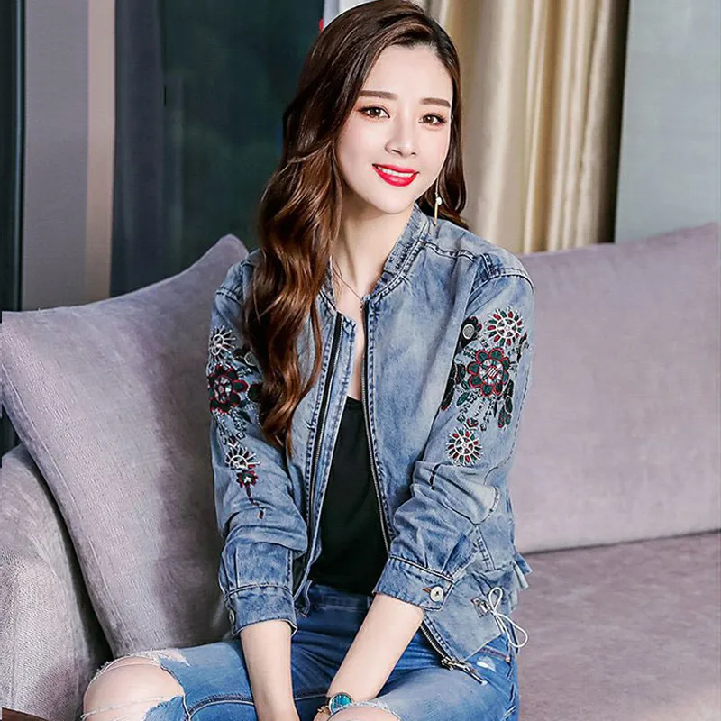 Женская джинсовая куртка с вышивкой повседневная облегающая куртка-бомбер в