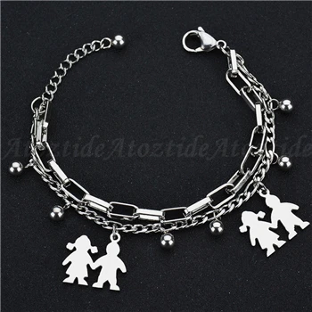 silver color Atoztide Симпатичные двухслойные фигурная цепочка браслеты для мальчика талисман для девушки из нержавеющей стали Круглый Звено браслет дружбы подарочный - Окраска металла: silver color