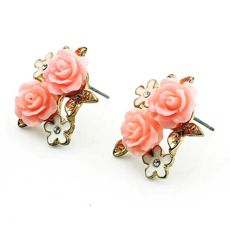 JINGLANG New Fashion Stud Earrings Gold Color Pink Resin Flower For Women Jewelry Gift Free Shipping | Украшения и аксессуары