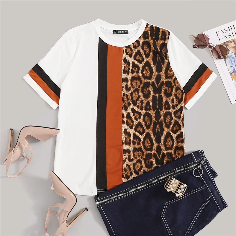 SHEIN Color Block Cut-and-Sew Leopard Panel Top Short Sleeve O-Neck Casual T Shirt Women Summer Leisure Ladies Tshirt Tops