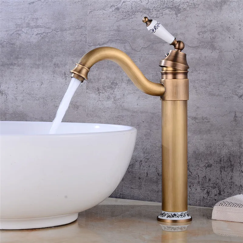 

Basin Faucet Brass Tall Bathroom Sink Faucet Antique Mixer Wash Basin Taps With Single Handle 360 Degree Swivel Spout