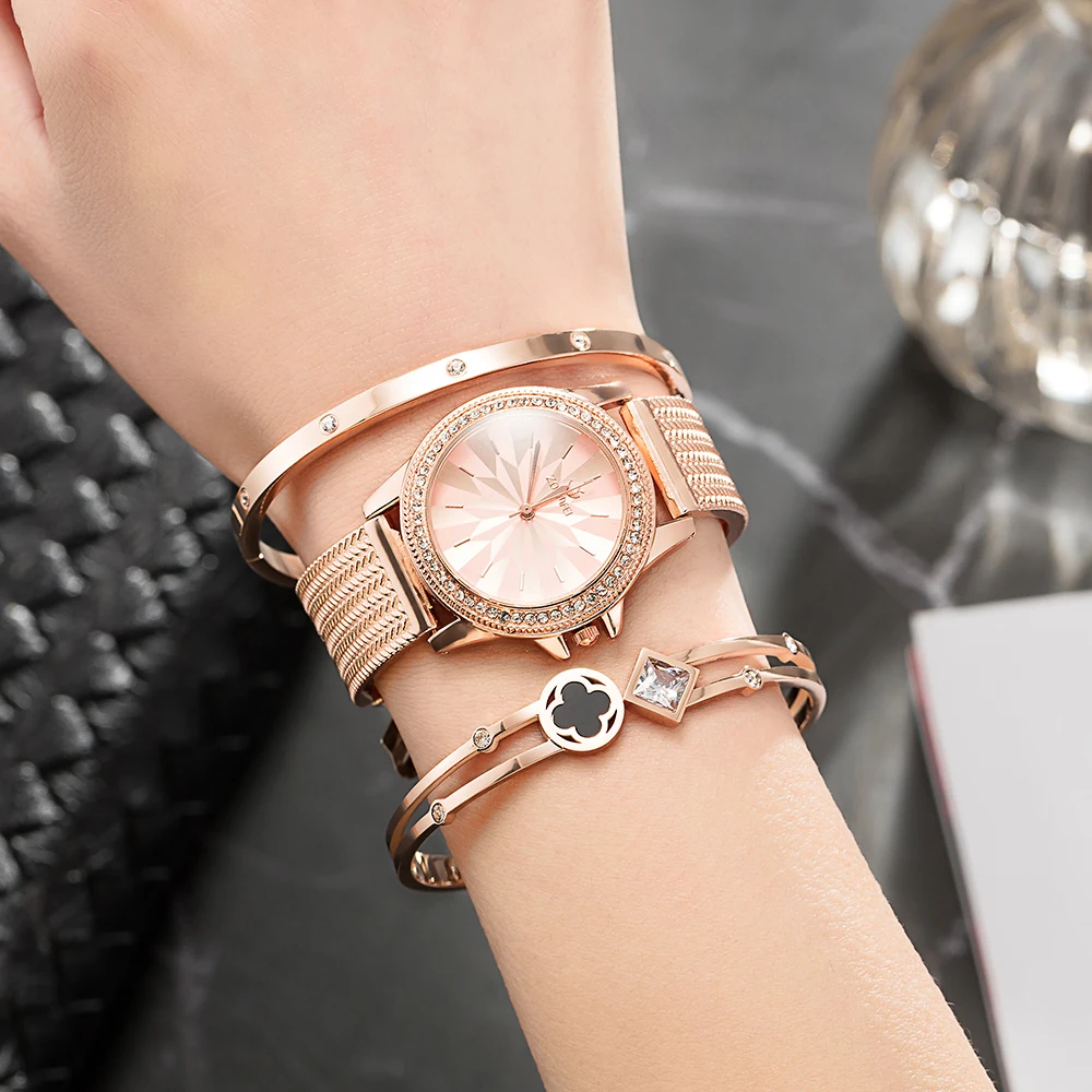 ZONMFEI Brand Wristwatch Women Fashion bracelet set popular stainless steel diamond quartz watches pink gold band with gift box | Наручные