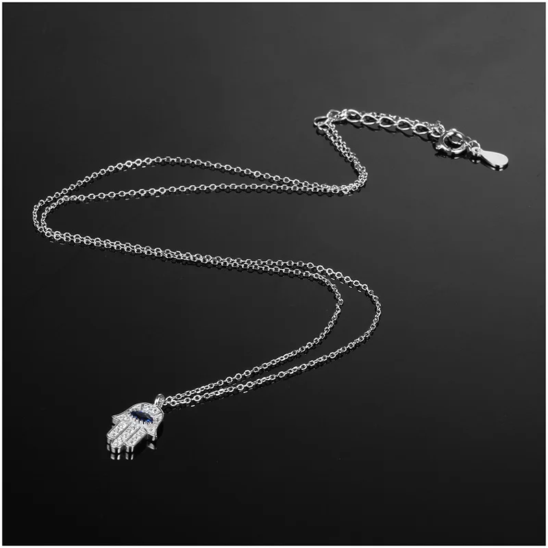 Boho, голубой глаз, настоящее 925 пробы, серебро, циркон, Хамса, рука Фатимы, ожерелье, леди, кристалл, кулон, ювелирное изделие, колье, винтажное ожерелье