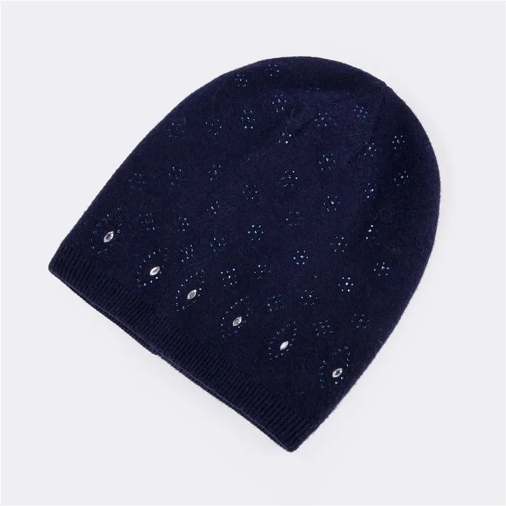 Blue COKK шерстяные зимние шапки бини для женщин Skullies Beanies Hat для женщин Стразы цветок вязаная шапка для девочек чулок шапка женский чепчик - Цвет: Blue