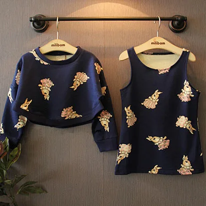 Новый 2015 осень зима кролик шаблон жилет платье + с капюшоном 2 шт. детская одежда