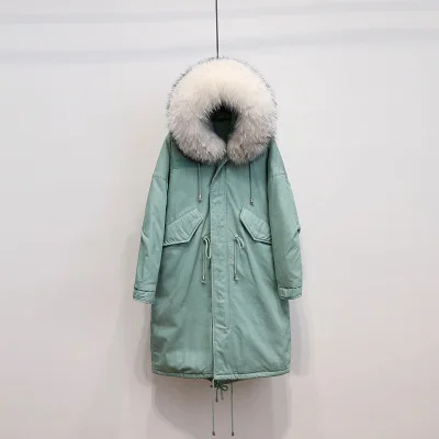 Green beige fur Пальто с енотовым мехом, гусиное перо, длинное женское белое пуховое пальто, зимняя куртка размера плюс, военная парка с капюшоном, верхняя одежда Okd317 - Цвет: Green beige fur