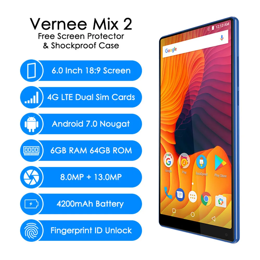 Фото Vernee Mix 2 Dual камера смартфон 6 ГБ 64 0 дюймов 18:9 экран сзади стекло дизайн Android 7 13MP Vernee Mix 2 Dual камера смартфон 6 ГБ 64 0 дюймов 18:9 экран сзади стекло дизайн Android 7 13MP
