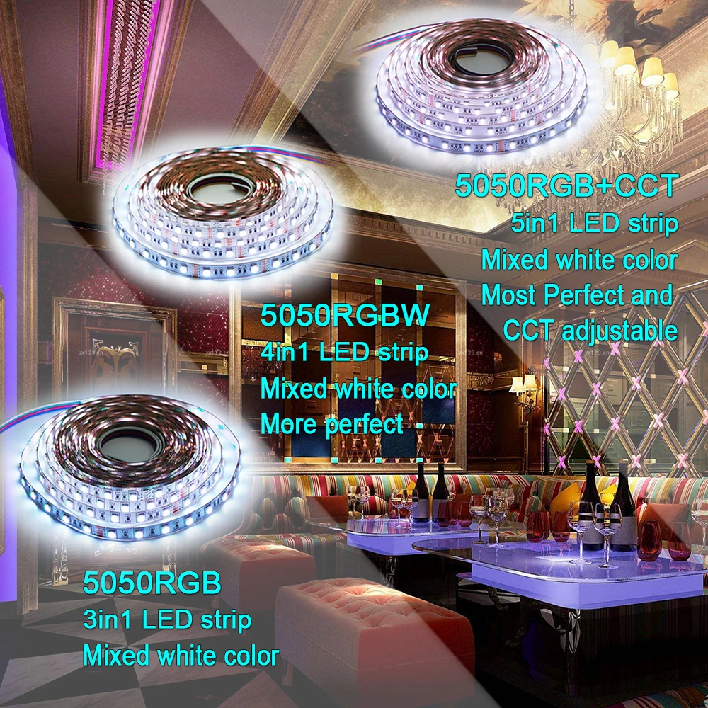 Auxma 5050 RGB/RGBW/RGBCCT 5в1 CRI80 60 Светодиодный s/m IP20 DC12V/24 V 300 светодиодный s/Reel, 5 метров/Reel Крытый не водонепроницаемый светодиодные полосы для вечерние