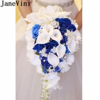 janevini royal blue artificial bride flowers waterfall wedding bouquet with crystal bridal brooch bouquets hochzeit blumen 2022