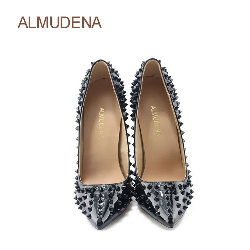 ALMUDENA/Лидер продаж; черные пикантные Заклепки Шпильки на каблуке с острым носком; модельные туфли-лодочки из лакированной кожи; женские туфли на очень высоком каблуке с шипами