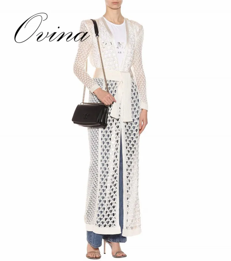 

High Quality Celebrity Women's Cardigan White Long Sleeve Knitted Transparent Fashion Coats