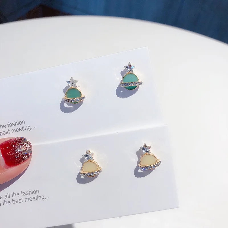 Korea Style Silver Needle Cute Stud Earrings Rhinestone Universe Planet Saturn Star Small for Women Trendy Accessories | Украшения и