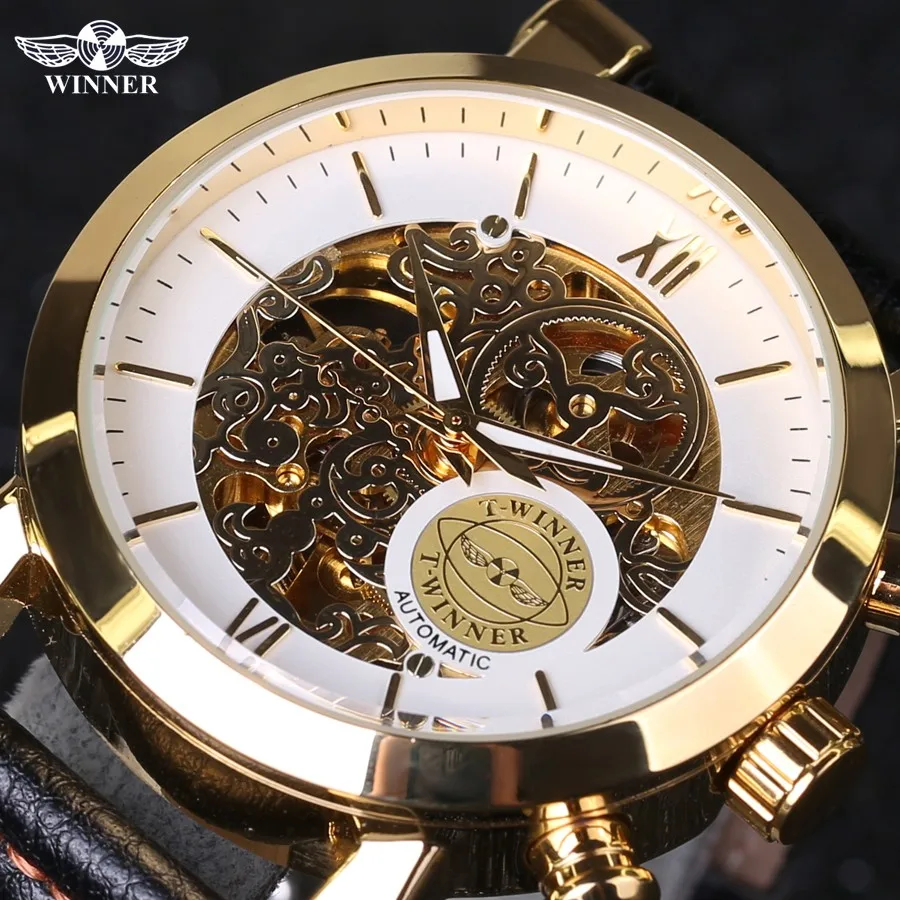 

Часы наручные Winner Мужские автоматические, роскошные модные золотистые, с полым скелетом, с ремешком из натуральной кожи