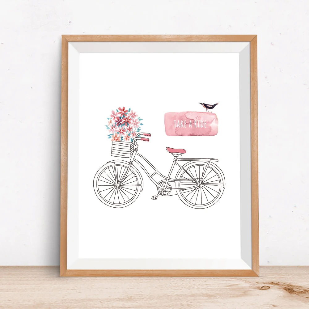 Новый велосипед Масляные картины розовый Цветочные Птицы Печать плакаты детские