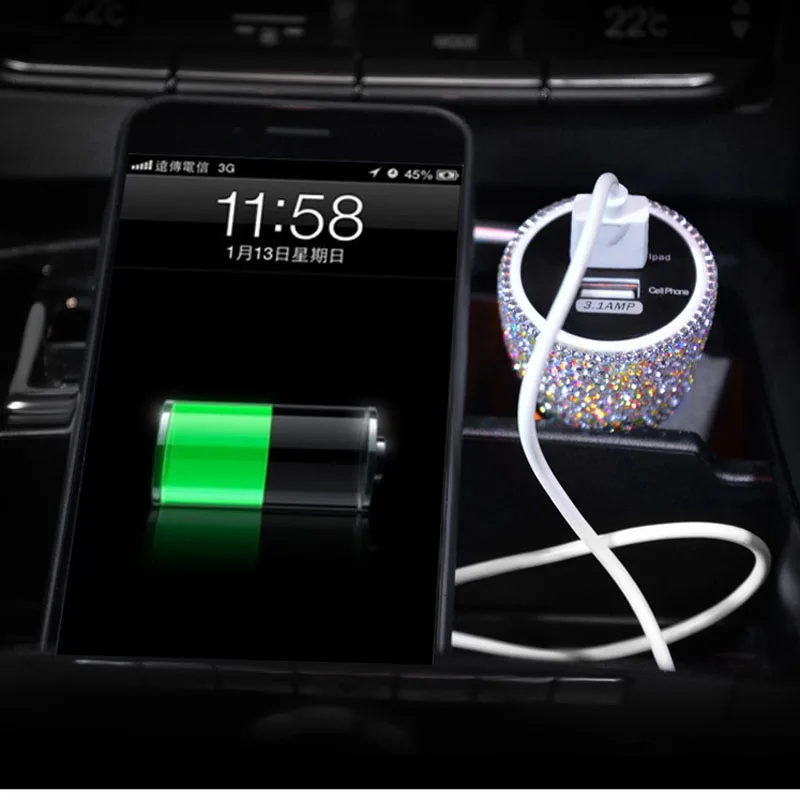 Автомобильное зарядное устройство с кристаллами и стразами двойной USB быстрая