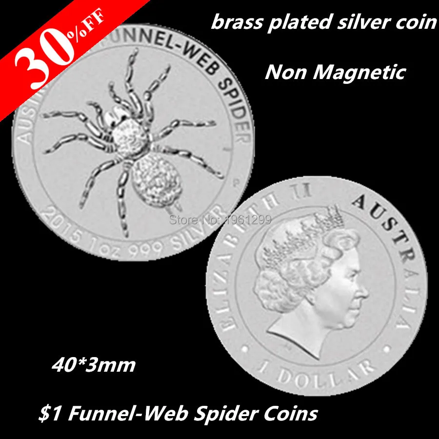 

Lot of 5 - Non Magnetic coin ! 2015-P Australia 1 Troy Oz .999 Brass Plated Silver $1 Funnel-Web Spider coin Free shipping