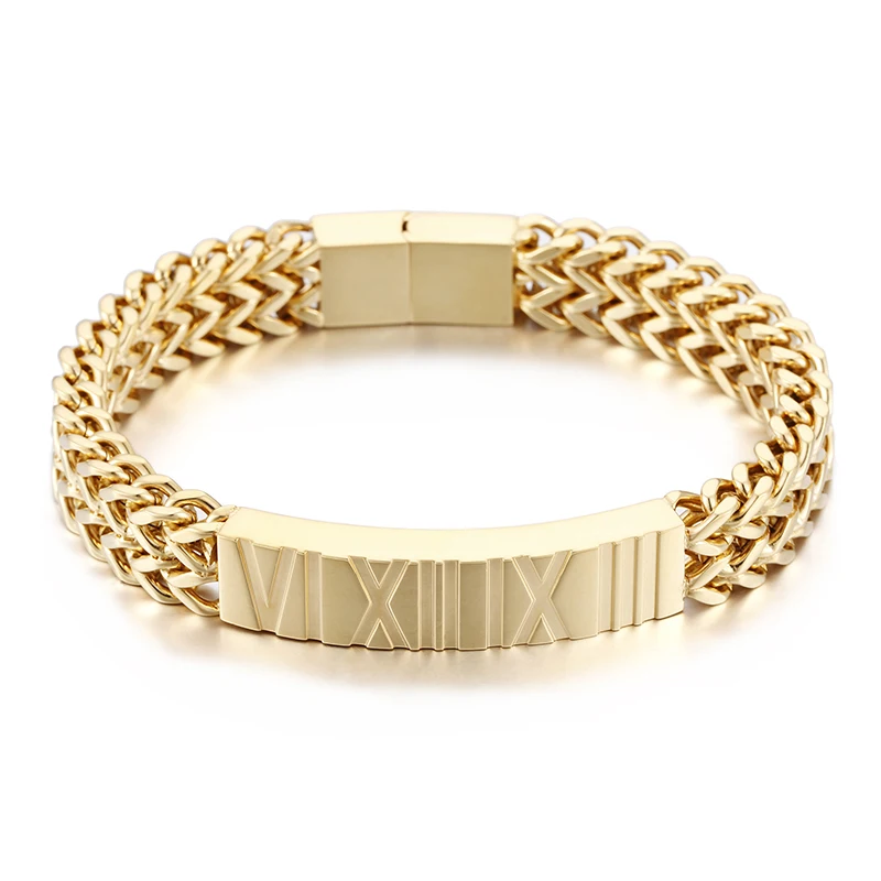 Heyrock Gold-color Stainless Steel Double Layer Link Chain Bracelet with Roman Numerals for Men Boys Punk Jewelry | Украшения и
