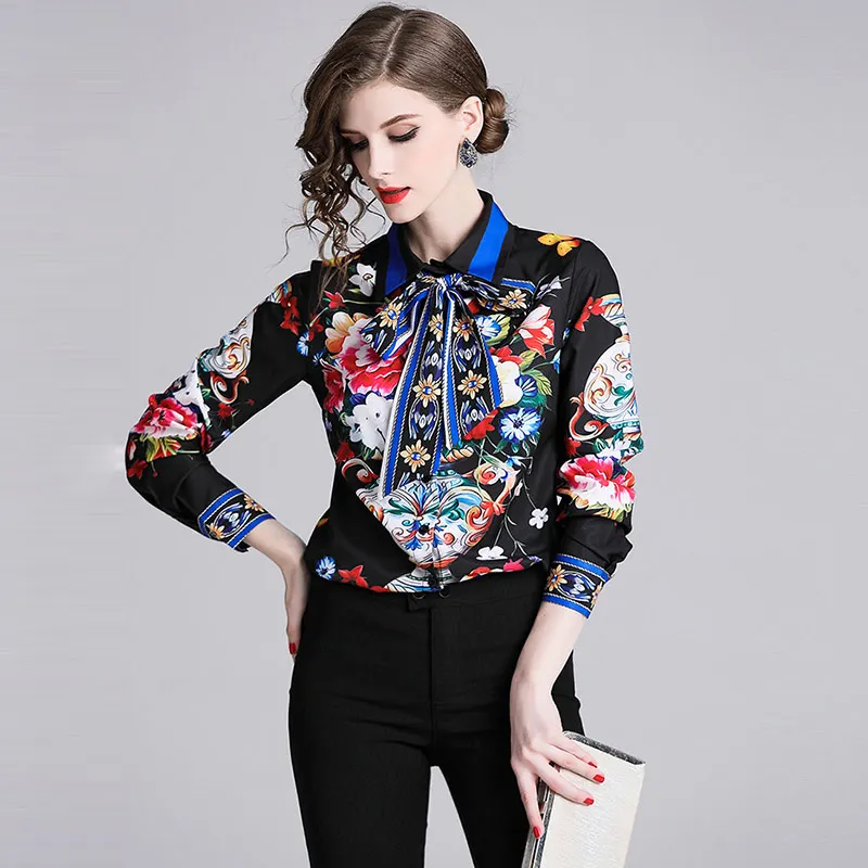 Женская офисная блузка Willstage черная Элегантная с цветочным принтом и бантом на