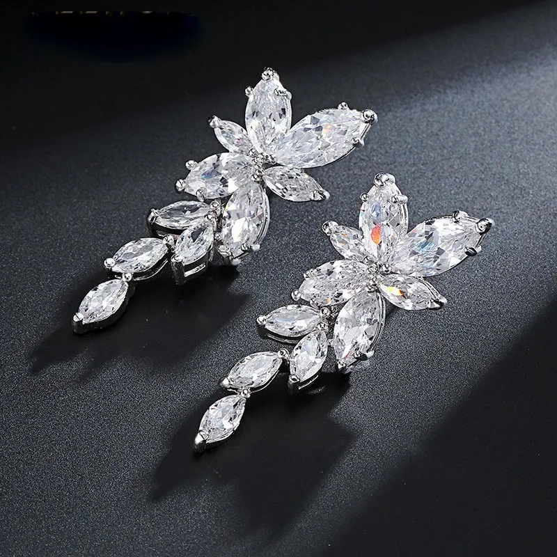 Свадебные серьги подвески с фианитами класса AAA|bridal drop earrings|bridal earringsbridal earrings |