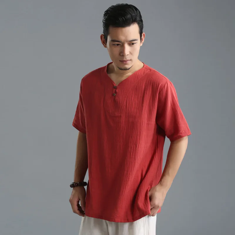 Plus Size M-6XL Men's Pure Color Tops 2022 Summer Cotton Linen V-neck t-Shirt Flax Slim Casual Wood Button Short Sleeve | Мужская