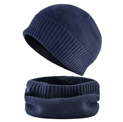 Blue Set Шапка зимняя Мужская теплая шапка сплошной цвет вязаная шапка и шарф для женщин добавить бархат вязание унисекс шапки Установить - Цвет: Blue Set