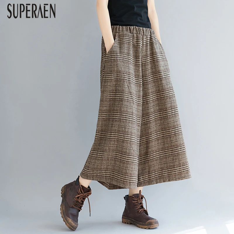 SuperAen, осенние и зимние новые женские брюки, хлопок, дикие, повседневные, эластичный пояс, плед, плюс размер, до середины икры, штаны для женщин