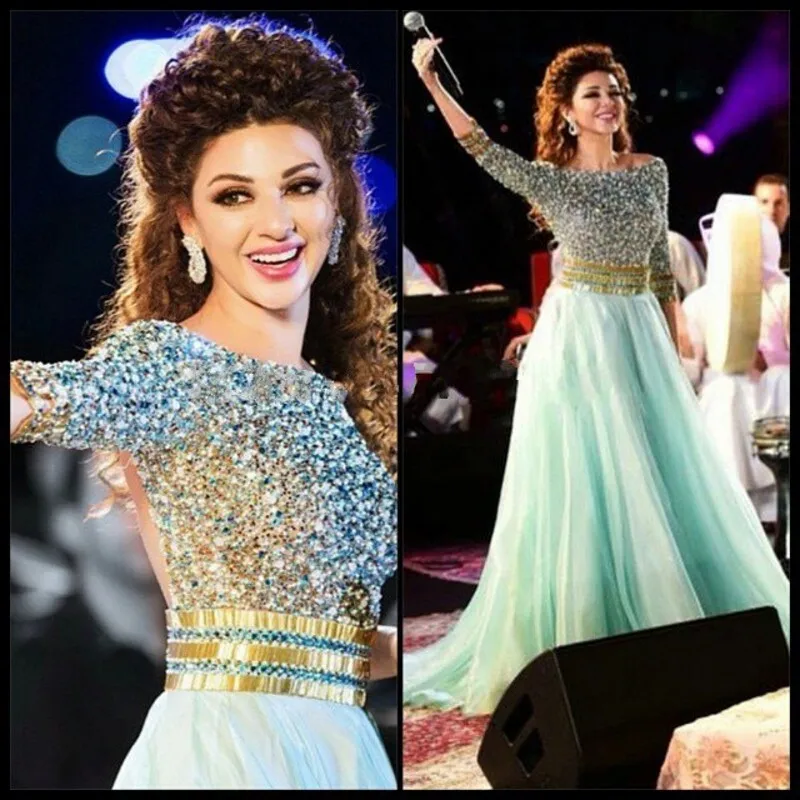 

2020 A Line Myriam Fares Celebrity Dress Scoop Neck Three Quarter Sleeves Beaded Crystals Sequins Tulle Long Prom Dresses