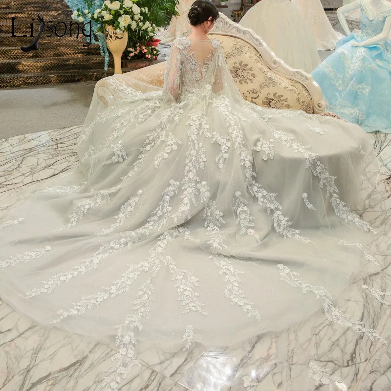 Роскошное светло-серое свадебное платье 2018 нежное Цветочное с кристаллами