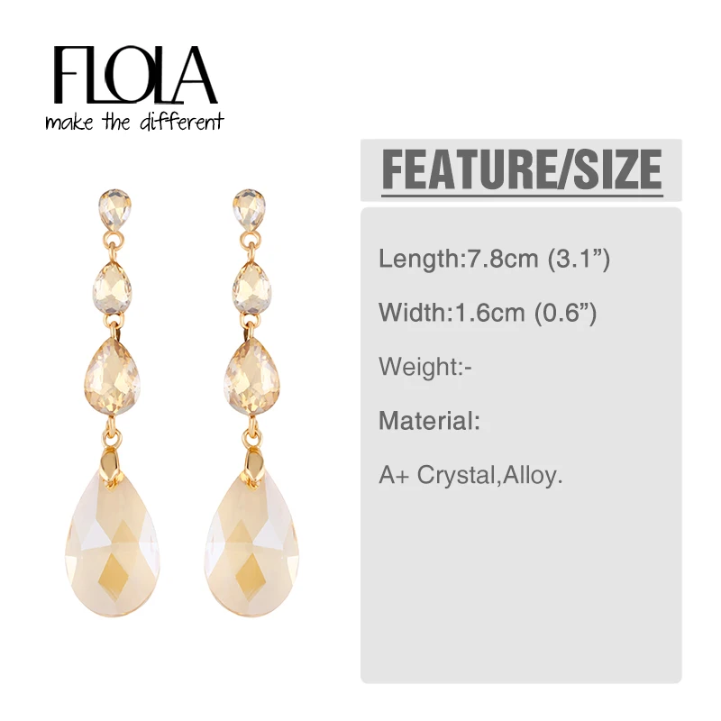 FLOLA Luxury Fashion Statement Water Drop Earring For Women Long Pendant Dangle Champagne Crystal Jewelry Brincos ersm55 | Украшения и