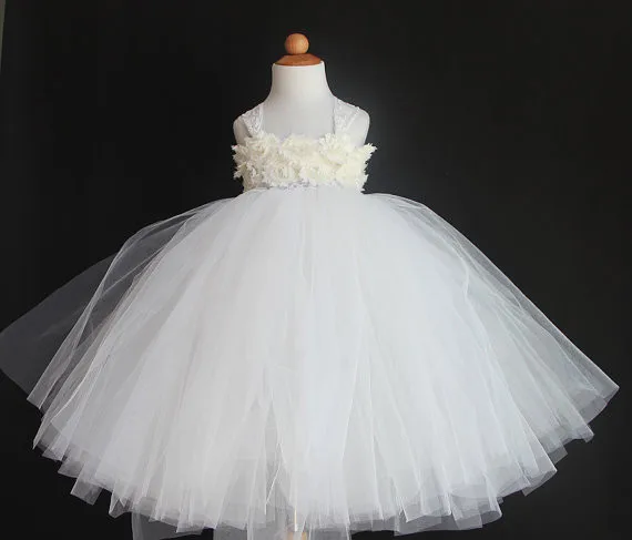 Girls White Long Tutu Dress Kids Tulle Ball Gown Lace Strap With Shabby Flowers Children Wedding Party Costume | Детская одежда и