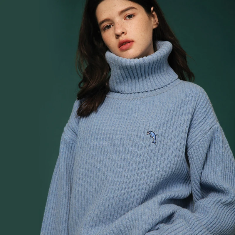 2018 Fashion Lady Full Sleeve Women Blue &amp Pink Knitting Sweater Appliques Solid Turtleneck Pullover Loose Hots S89913Q | Женская