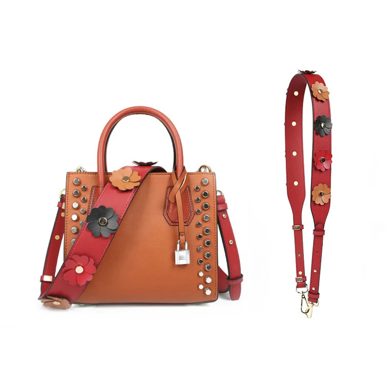Wide PU Flower Shoulder Bag Strap For Women Replacement Long Leather Handbag Belt Colorful Rivet Adjustable Crossbody Bag Strap