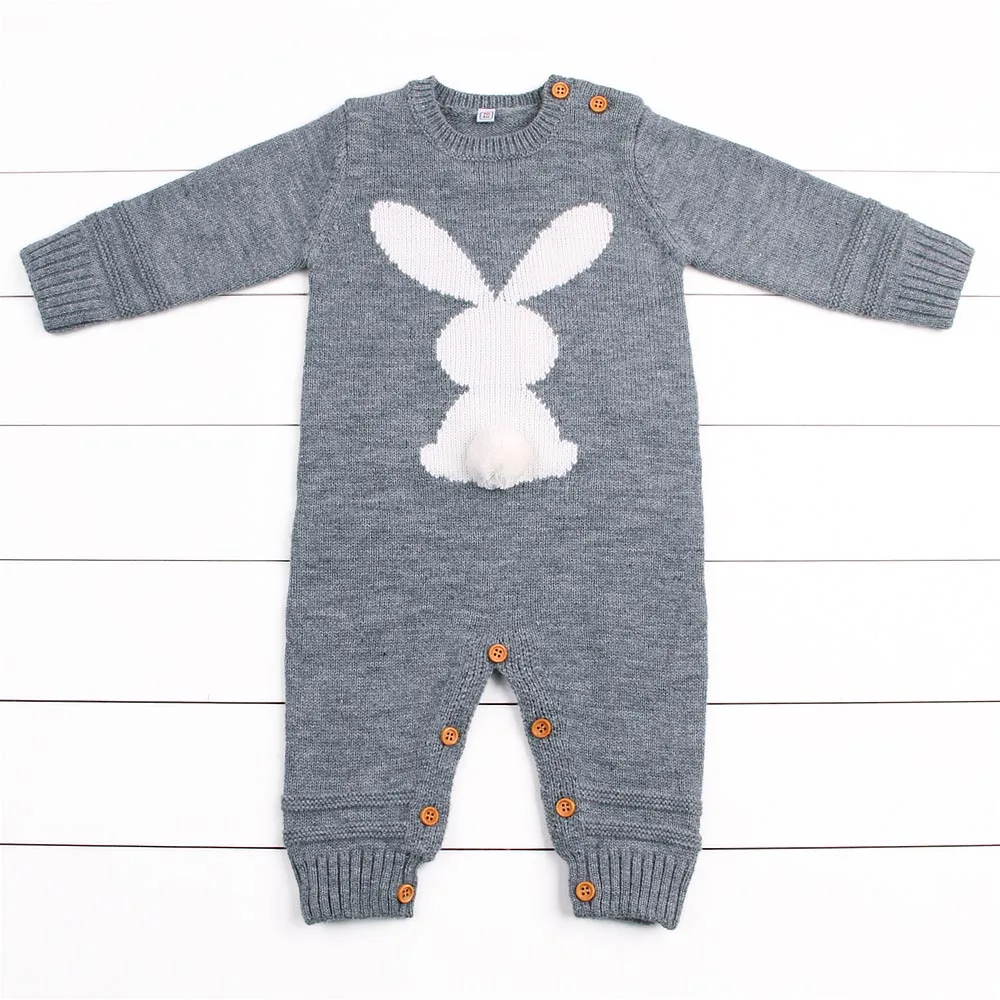 Grey Baby Rompers Одежда для маленьких девочек; трикотажные комбинезоны с кроликом для новорожденных; комбинезоны с длинными рукавами; комбинезоны с кроликом для маленьких мальчиков; детские пижамы с животными - Цвет: Grey Baby Rompers