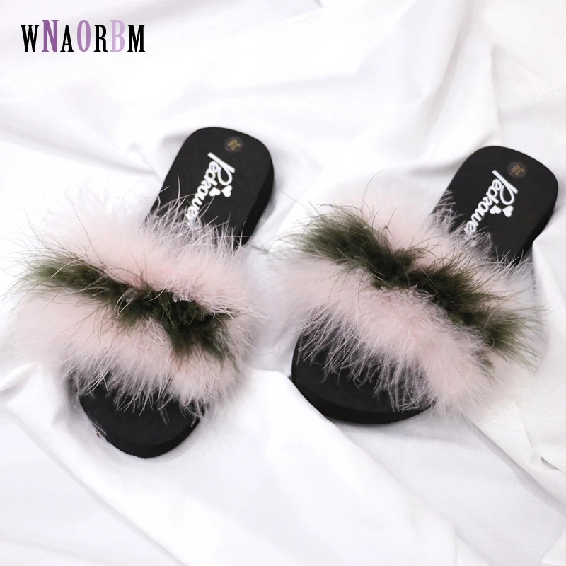 

2022 new women's shoes striped color spring and summer fashion wild ostrich feather slippers flat shoes Hairy slippers
