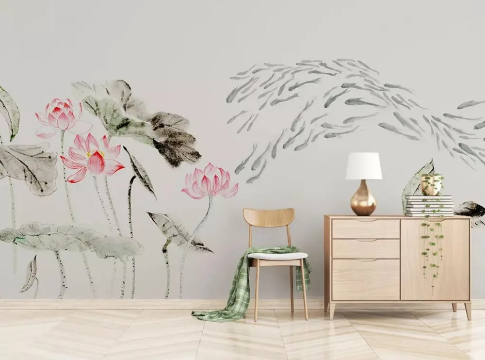 

[Self-Adhesive] 3D Lotus Pond Chinese Painting 77 Wall Paper mural Wall Print Decal Wall Murals