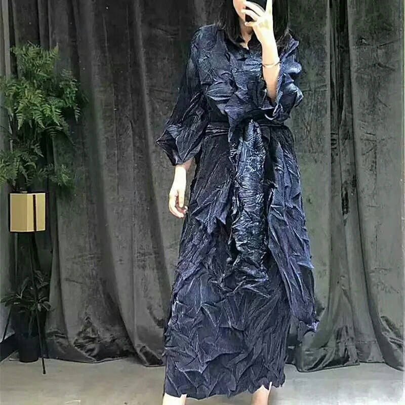 Miyake fold осенний комплект из двух предметов, плиссированная ветровка с длинными рукавами+ большое свободное платье с короткими рукавами